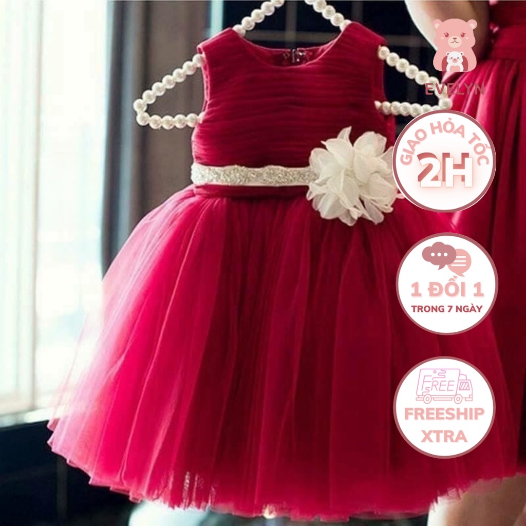 Đầm công chúa bé gái, váy bé gái thiết kế cao cấp màu đỏ đính hoa phù hợp cho bé từ 1 tuổi - 10 tuổi, 6kg-45kg