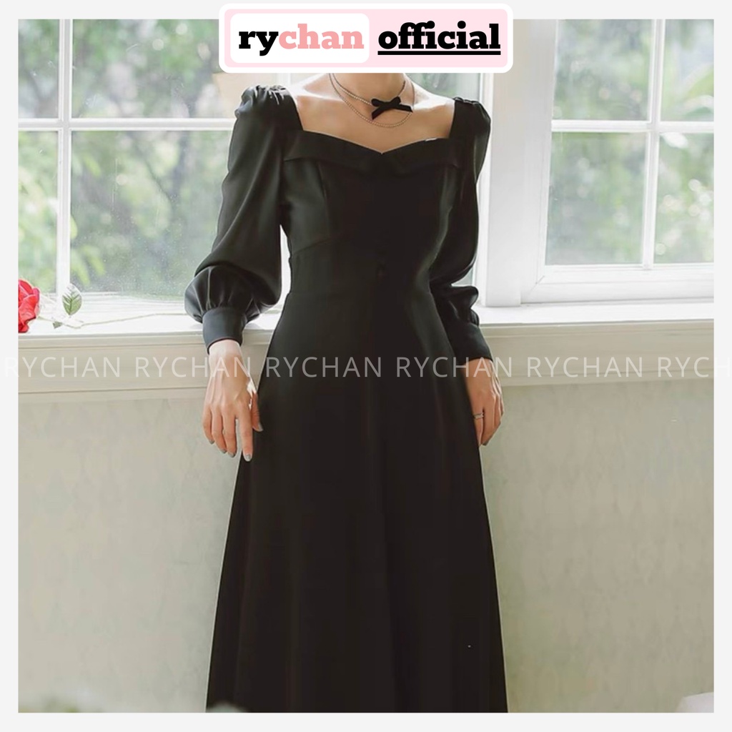 [ẢNH THẬT CUỐI] Đầm Đi Chơi Dáng Dài Xòe Basic Phối Nút Xinh Xắn, Đầm Cổ Vuông Tay Dài Sành Điệu Màu Đen Màu Đỏ-DX105