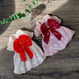 Quần áo chó mèo style Korea Váy công chúa nơ đỏ