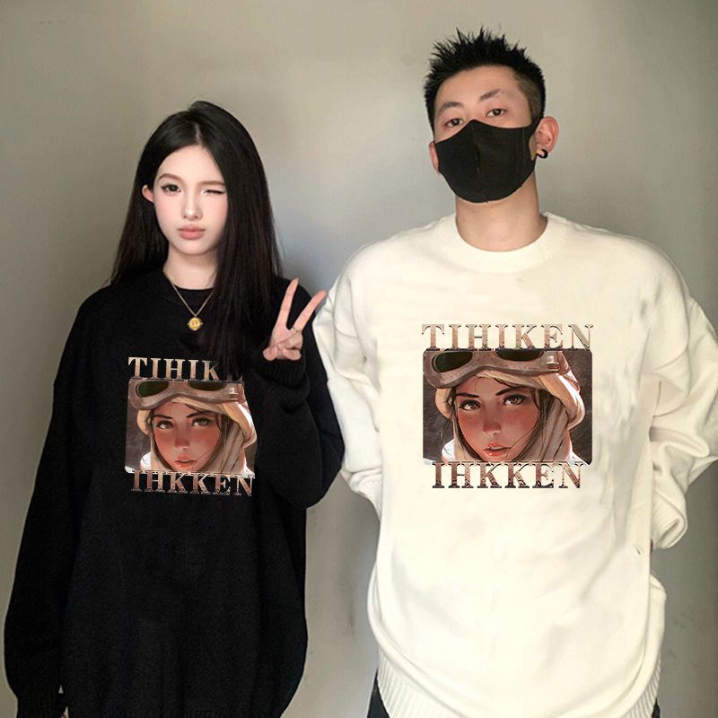 Áo sweater ihkke cổ tròn màu đen phong cách Hàn Quốc thời trang retro cho cặp đôi