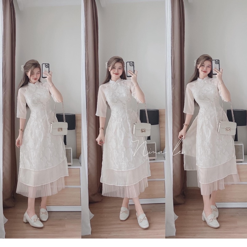 Set áo dài cách tân kèm chân váy lưới màu hồng