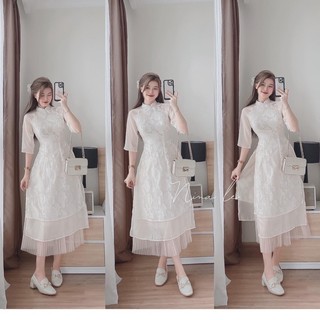 Set áo dài cách tân kèm chân váy lưới màu hồng