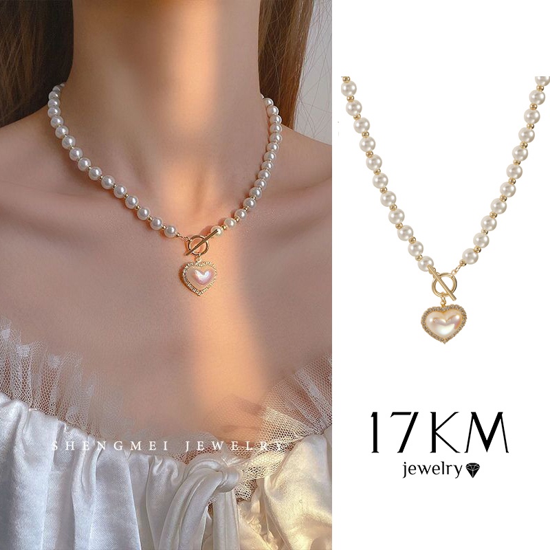 Dây chuyền ngọc trai 17KM mặt trái tim phong cách thời trang Hàn Quốc