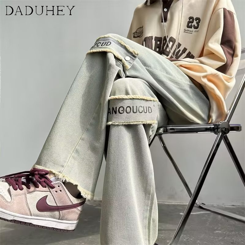 DaDuHey Men's 2022 New Style High Street Fashion Letter Jeans Hip Hop Ins Hong Kong Style Trendy Fashionable Handsome Casual Pants