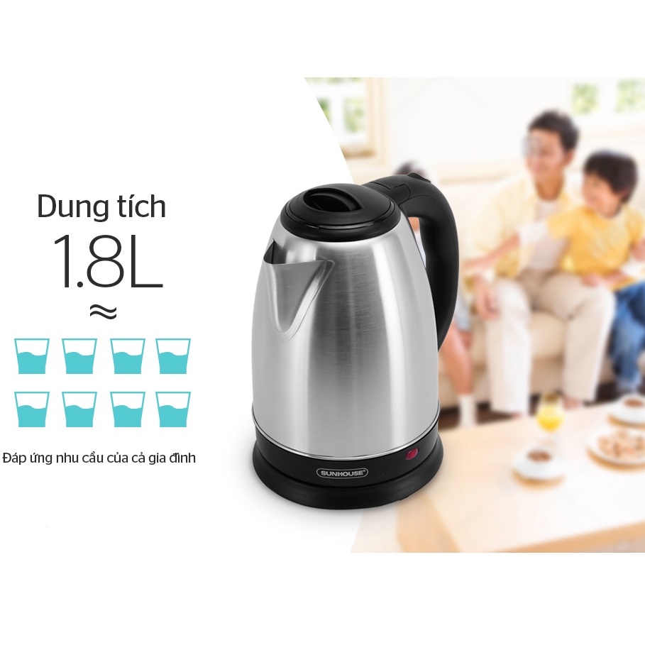 Ấm Đun Nước Siêu Tốc SunHouse - Bình Siêu Tốc Inox Chính Hãng 1.8L Bảo Hành 12 Tháng