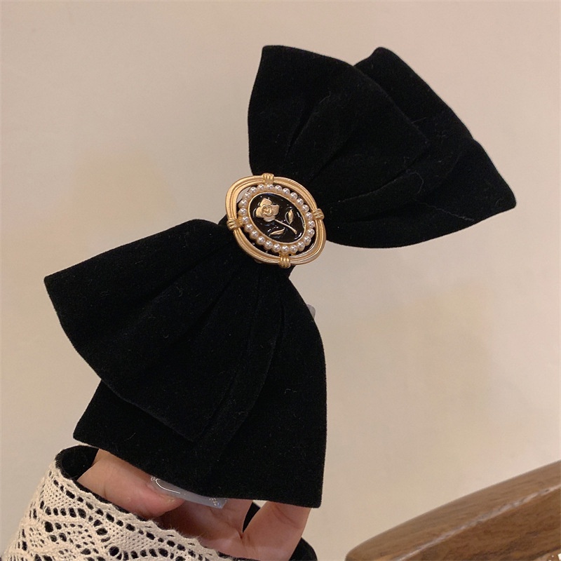 Kẹp Tóc Nơ Vải Nhung Màu Đen Phong Cách Vintage Dành Cho Nữ