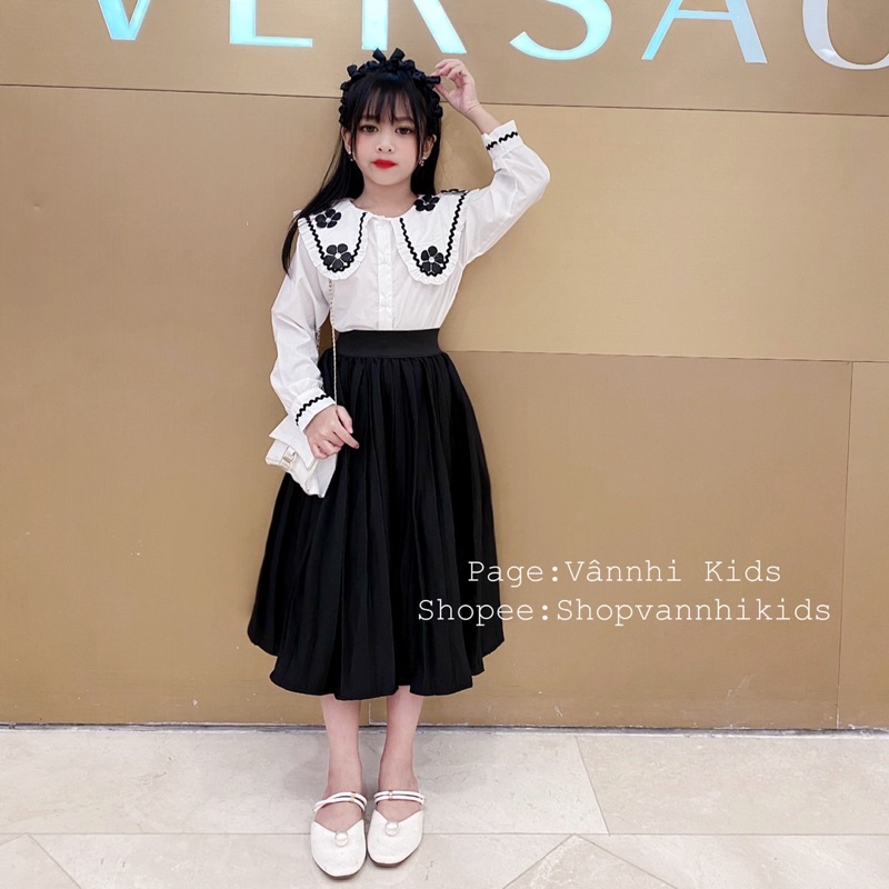 Set sơmi bèo Tiểu Thư đính hoa xinh sang cho bé size đại 17kg-42kg