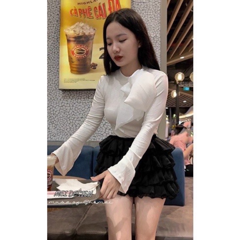 Sét áo tăm cổ nơ mix chân váy tầng siêu xinh