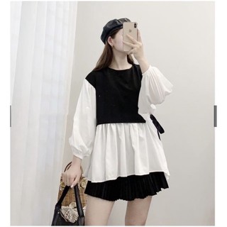 Áo babydoll pha đen trắng tiểu thư buộc dây Tiểu Thư Mặc Là Xinh