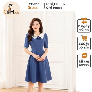 Đầm công sở CITI MODE FASHION thiết kế dáng xoè xanh thêu hoa cổ DH3767