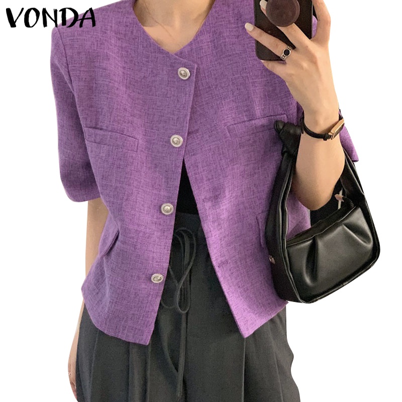 Áo khoác blazer VONDA tay ngắn cổ tròn màu trơn cài nút phong cách Hàn Quốc dễ thương