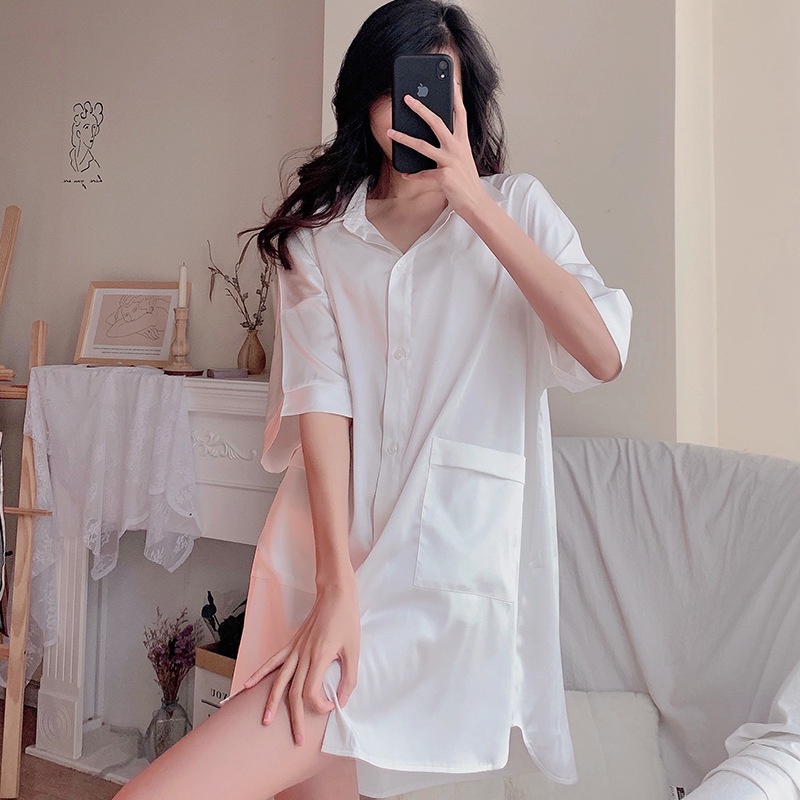 Váy sơ mi trắng gợi cảm mặc nhà– váy suông ngủ, đầm sơ mi kiểu dáng cách điệu. trẻ trung, duyên dáng B95