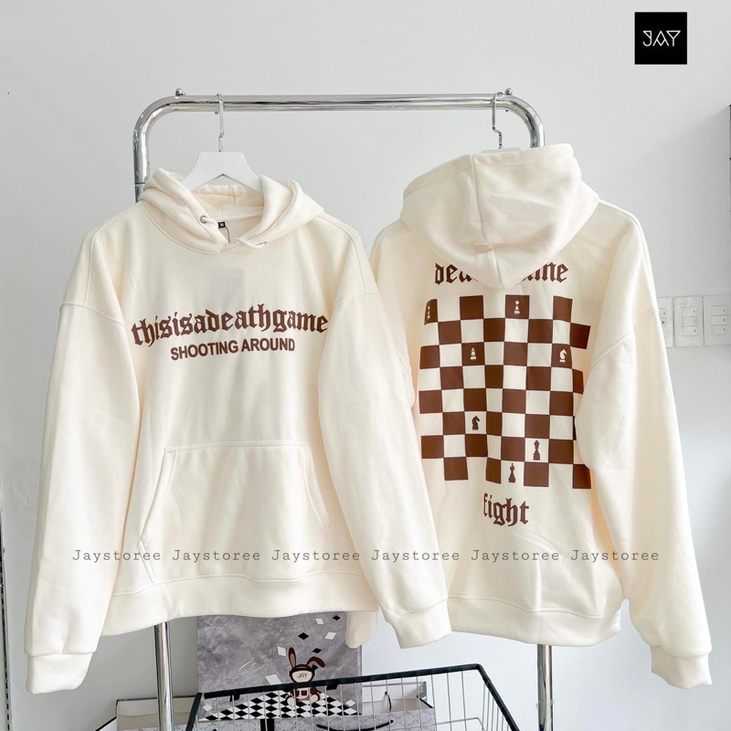 Áo Khoác Hoodie Nỉ Bông BÀN CỜ màu TRẮNG/ĐEN  Nam nữ unisex/Áo hoodie có mũ form rộng Jaystoree