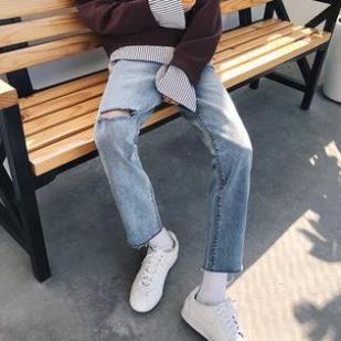 Quần jean baggy xanh nam, nữ ống rộng rách gấu, dáng suông, không phai màu-A04 ❗ `