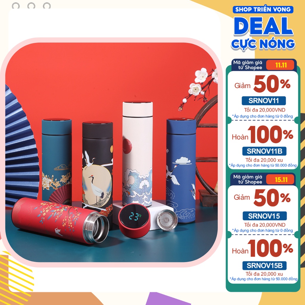 Bình Giữ Nhiệt Cao Cấp Phong Cách Cổ Trang Có Nắp Cảm Ứng Hiển Thị Nhiệt Độ Inox 304 Hộp Đựng Bìa Cứng