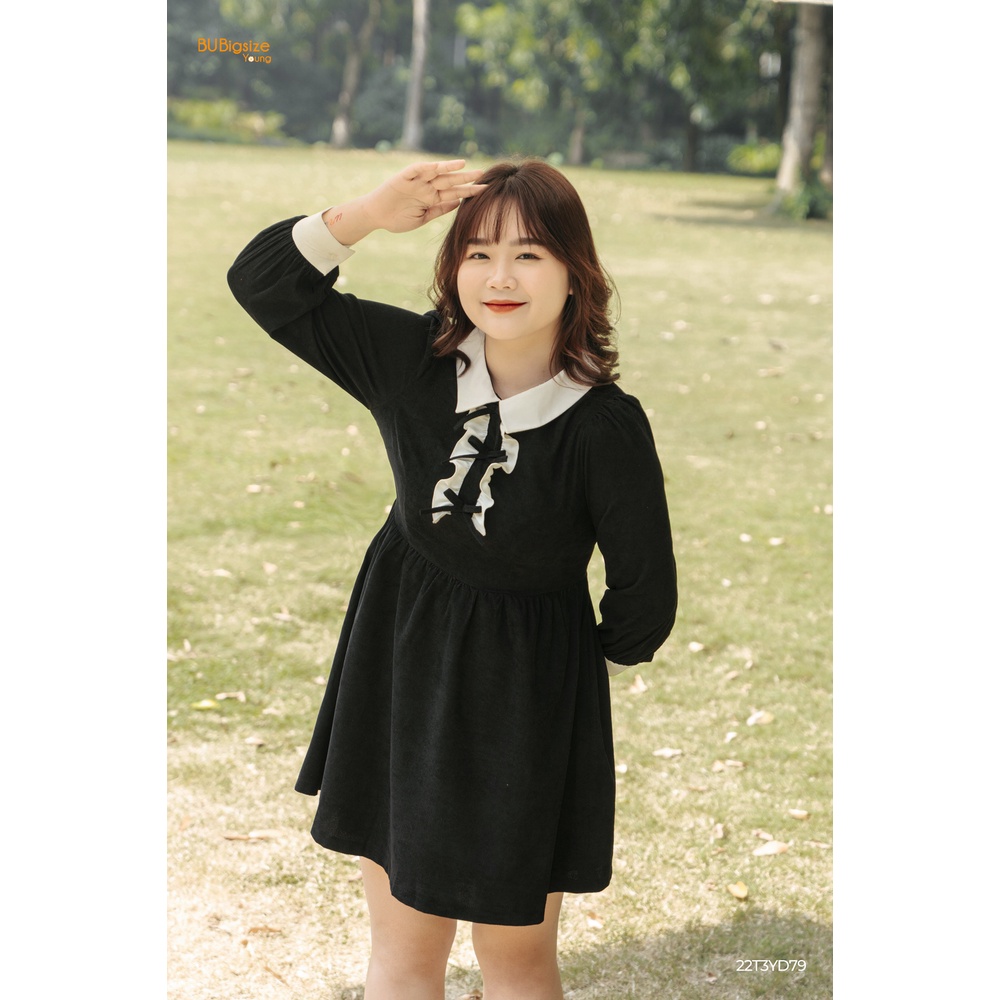 Đầm nhung tăm phối trắng ngực 3 nơ BIGSIZE (55kg đến 95kg) - 22T3YD79 - [BU Bigsize Young]