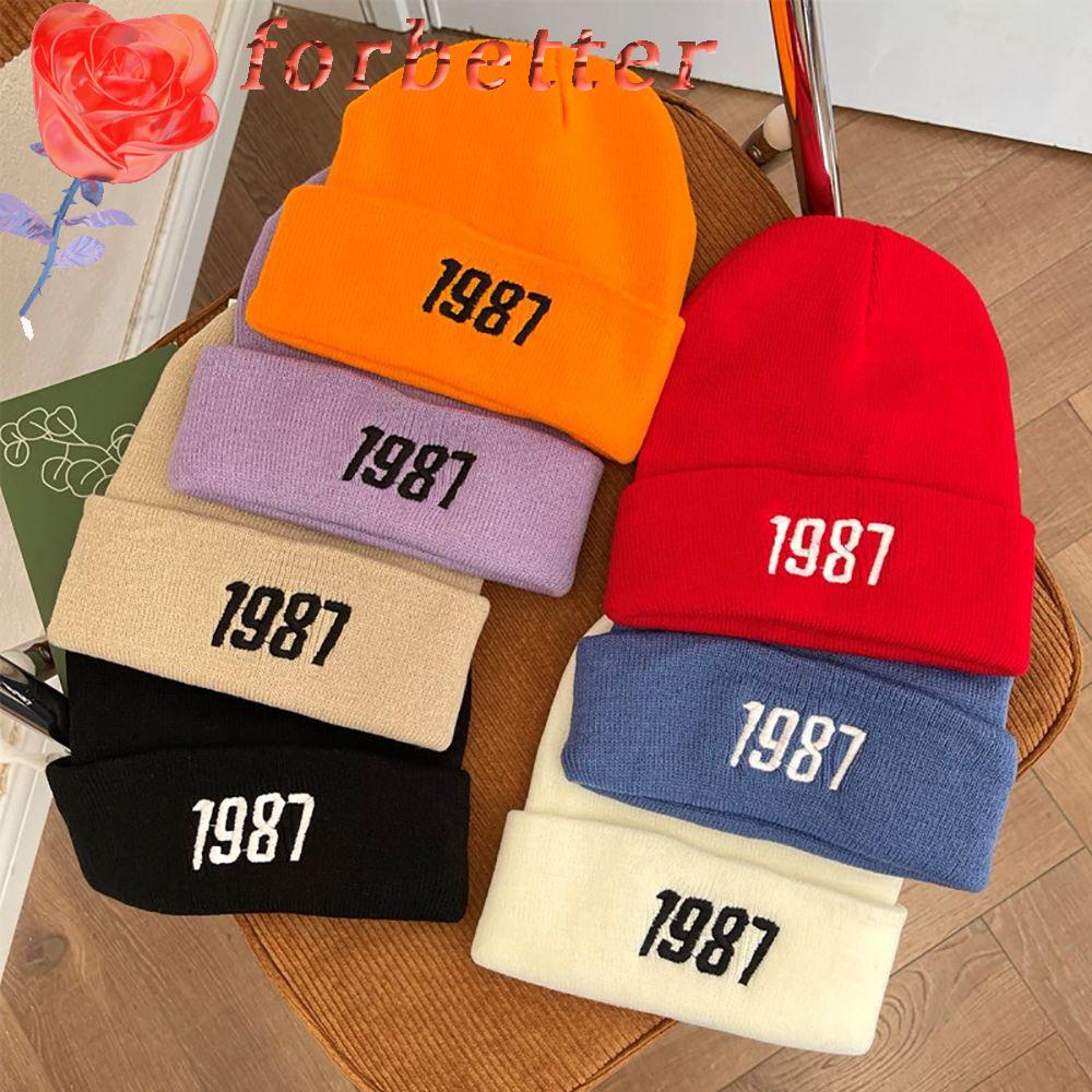 Mũ beanie giữ ấm thêu chữ số 1987 màu trơn dễ thương cho nữ