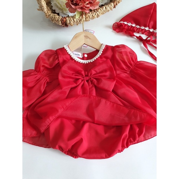 Váy Xô Muslin Đỏ Phối Ren, Body Váy Tơ Đỏ Nơ Xinh Xắn Cho Bé Gái Sơ Sinh