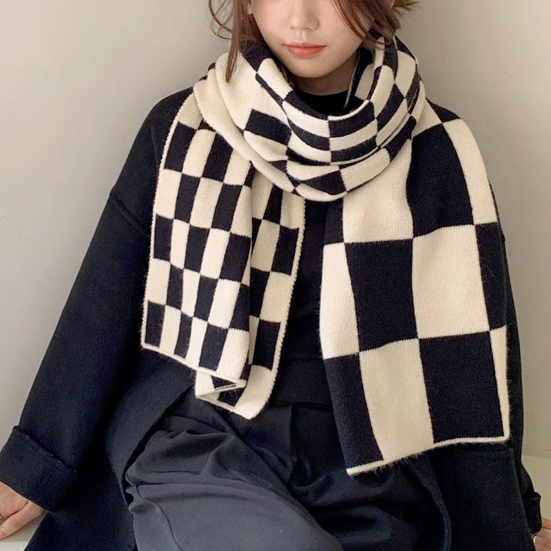 Khăn Choàng Cổ Dệt Kim Dày Dặn Ấm Áp Kẻ Sọc Kiểu Hàn Quốc Thời Trang Thu Đông Cho Nữ