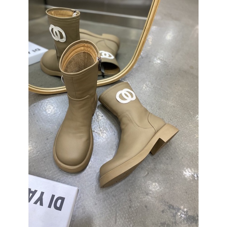 Giày Bốt Lót Lông Cừu Cổ Thấp Mũi Tròn Phối Khóa Kéo Bên Hông Ấm Áp Thoải Mái Thời Trang