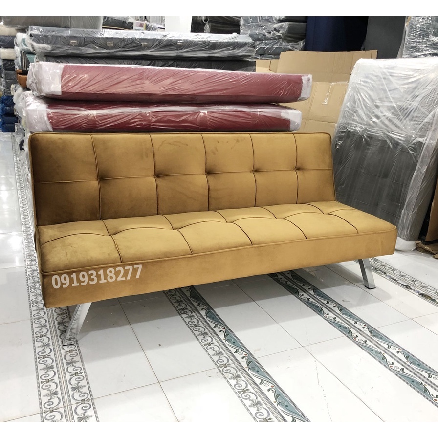 Ghế Sofa Bed Vải Nhung Nâu Chân Inox - Sô Pha Giường Gấp Gọn 3 Chức Năng Nệm Lò Xo Chuẩn Serta