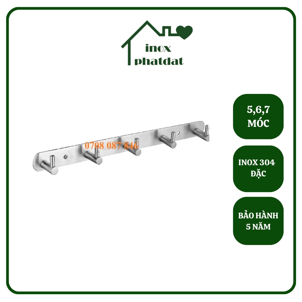 Móc treo đồ nhà tắm Inox 304 đặc PHÁT ĐẠT (5,6,7 móc) không rỉ sét, Móc áo chữ I inox, giá treo inox (SP013)