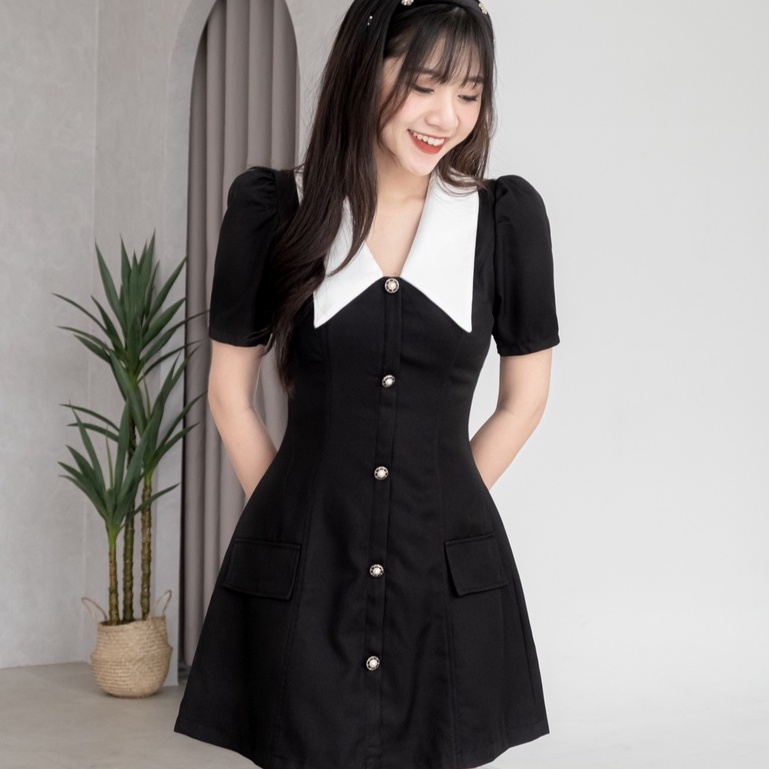Đầm YEONA - Đầm cổ lá sen đính nút