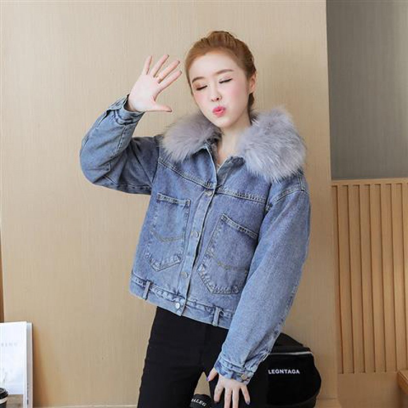 Áo Khoác Denim Cotton Lót Lông Cừu Dày Dặn Phong Cách Mới 2022