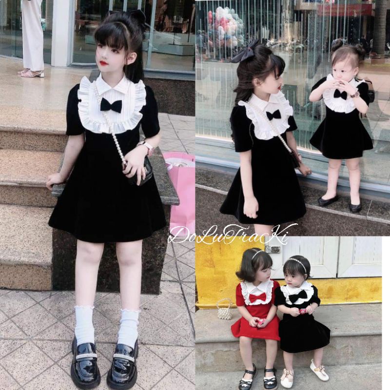 Váy (8_35kg) nhung tay bồng cổ phối màu bèo tiểu thư bé gái,