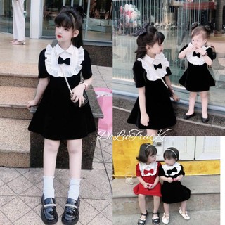 Váy nhung tay bồng cổ phối màu bèo tiểu thư bé gái,