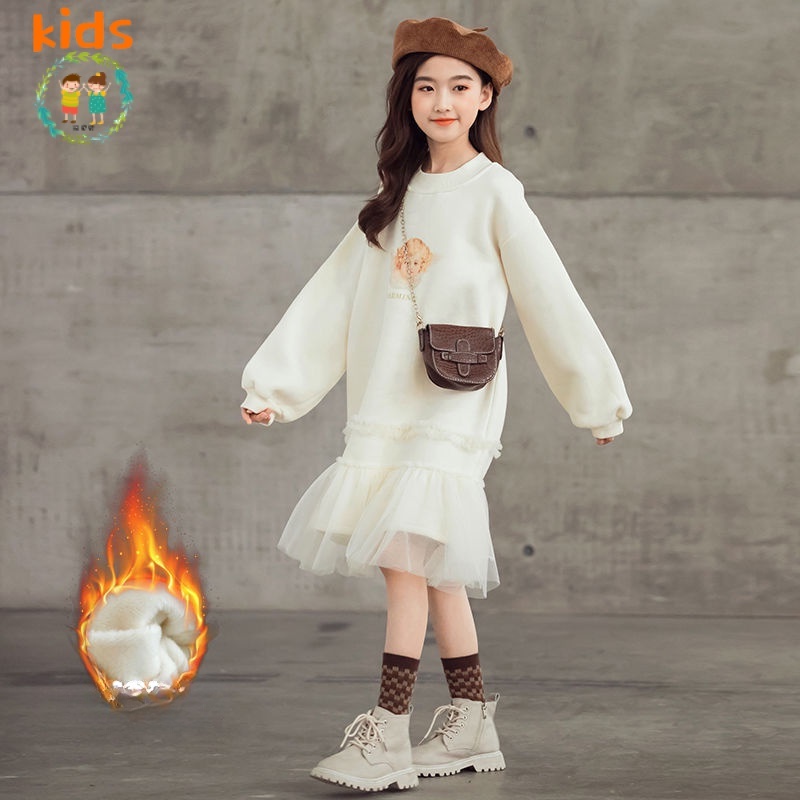 Đầm Dài Lót Lông Cừu Dày Dặn Phong Cách Hàn Quốc Thời Trang Thu Đông Mới Cho Bé Gái 3-5 - 8-10 - 12-13 Tuổi
