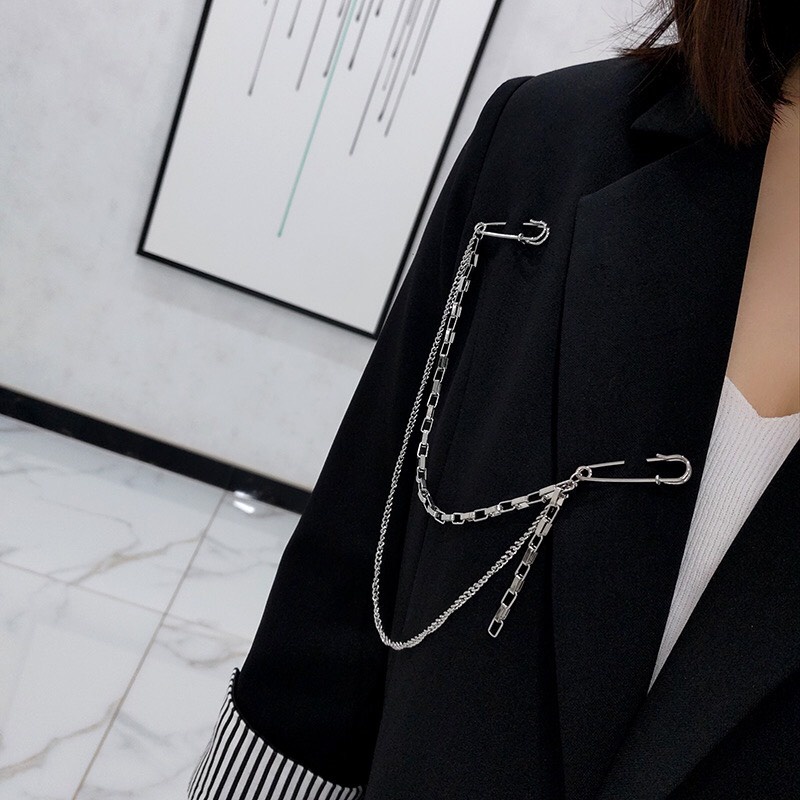 Ghim cài áo vest, Blazer, sơ mi cá tính - Gim cài áo titan mẫu 2 ghim phối dây xích dài