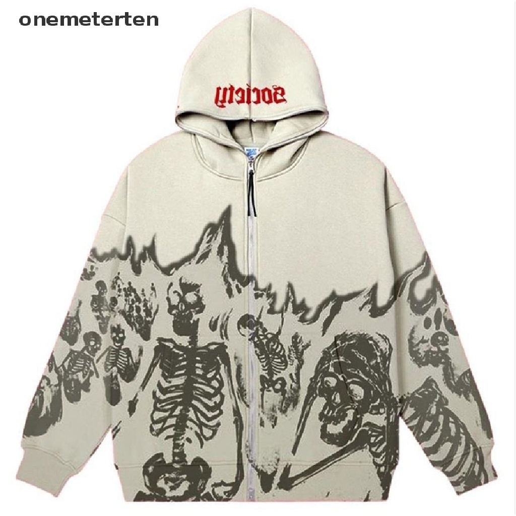 Rten Áo Khoác Hoodie Dáng Rộng Tay Dài Có Khóa Kéo In Hình Đầu Lâu Phong Cách Gothic Harajuku Vintage Đường Phố Cho Nam Và Nữ n