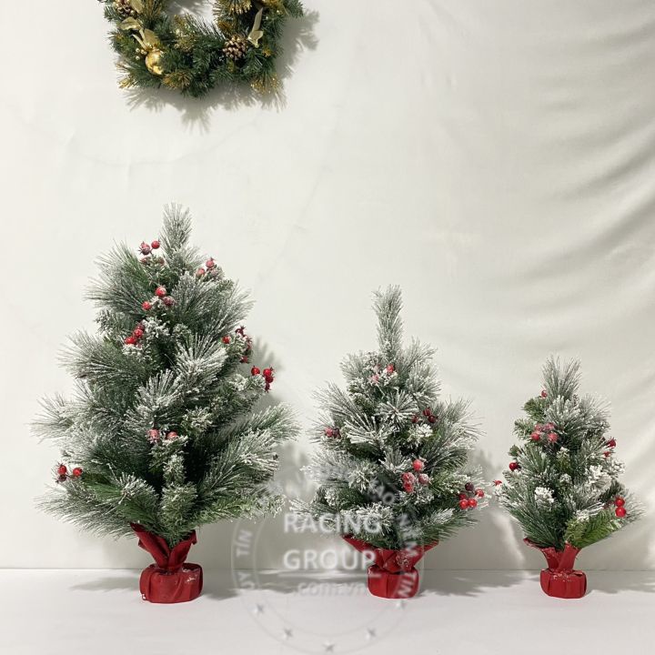 Cây thông noel để bàn 3 loại lá phủ tuyết gắn trái đỏ có trang trí 40cm, 60cm, 75cm - cây thông noel mini hàng Việt Nam
