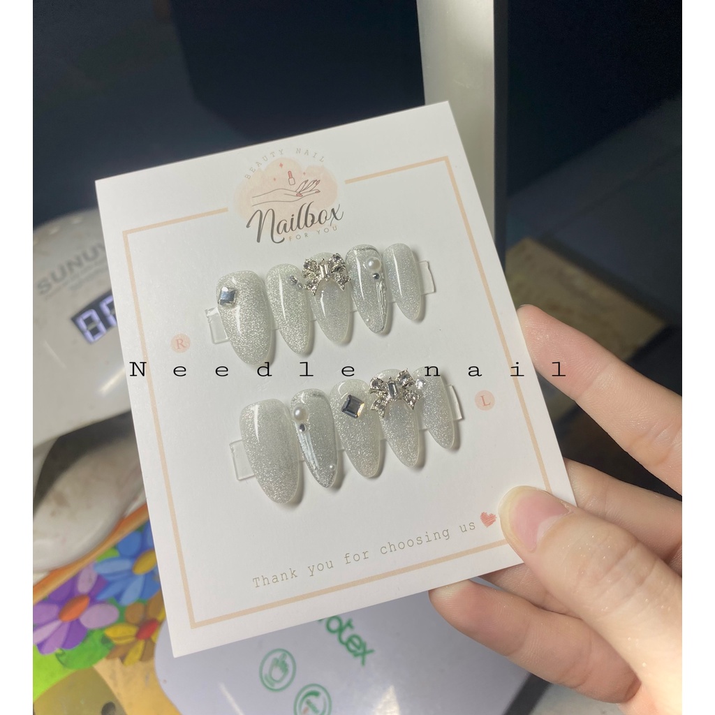 Sét 10 móng tay giả mắt mèo kim cương đính charm nơ xinh xỉu