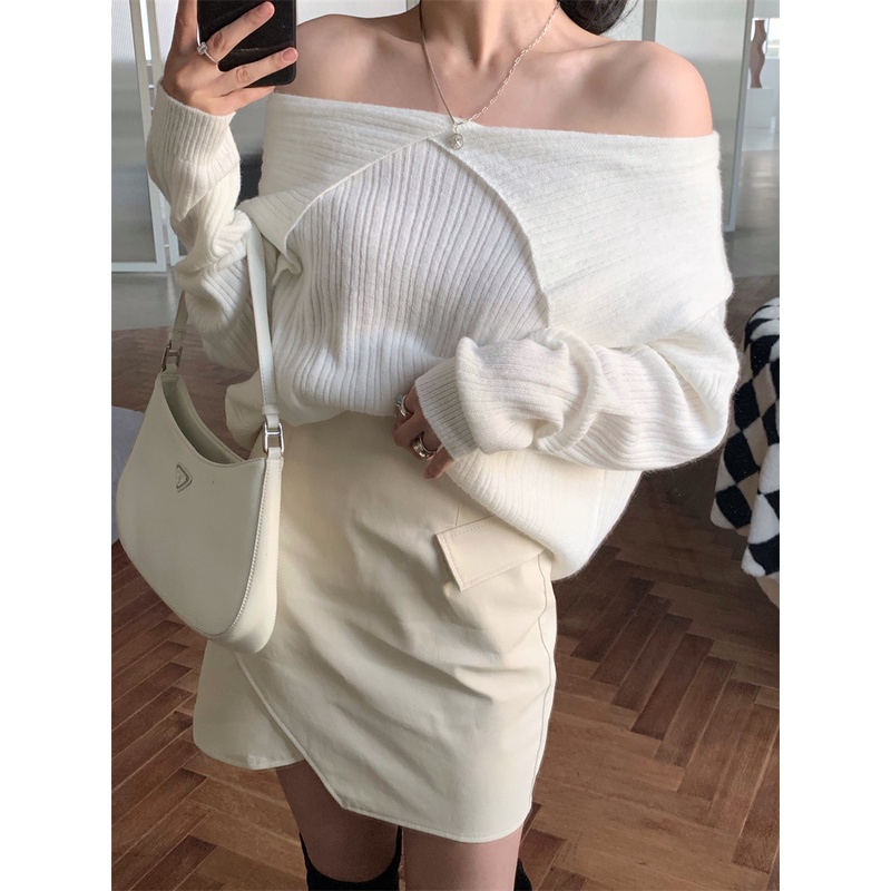 Áo Dệt Kim Tay Dài Trễ Vai Dáng Ôm Phong Cách Pháp Thời Trang Quyến Rũ Cho Nữ