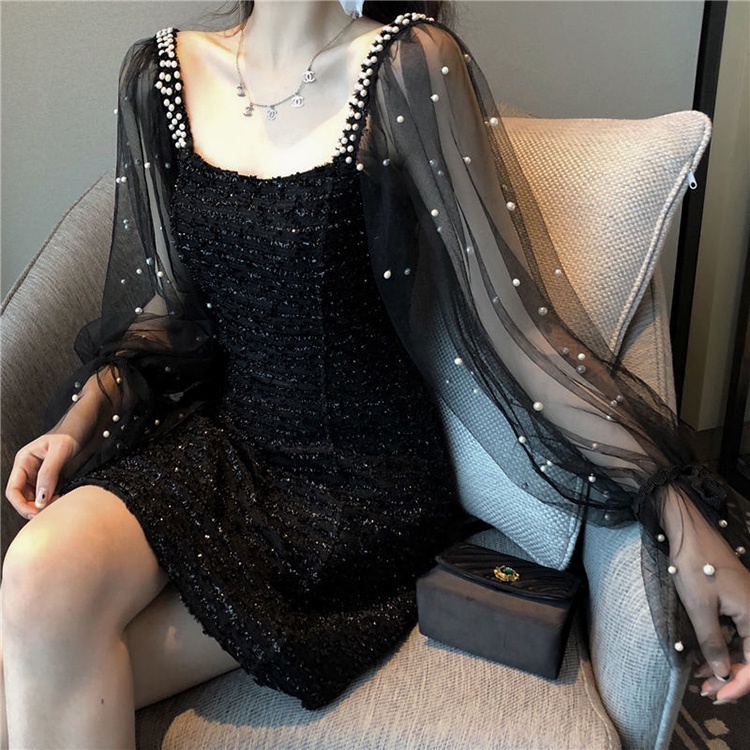 IELGY Đầm Tay Dài Phối Lưới Nhấn Eo Phong Cách Hàn Quốc Thời Trang Cho Nữ