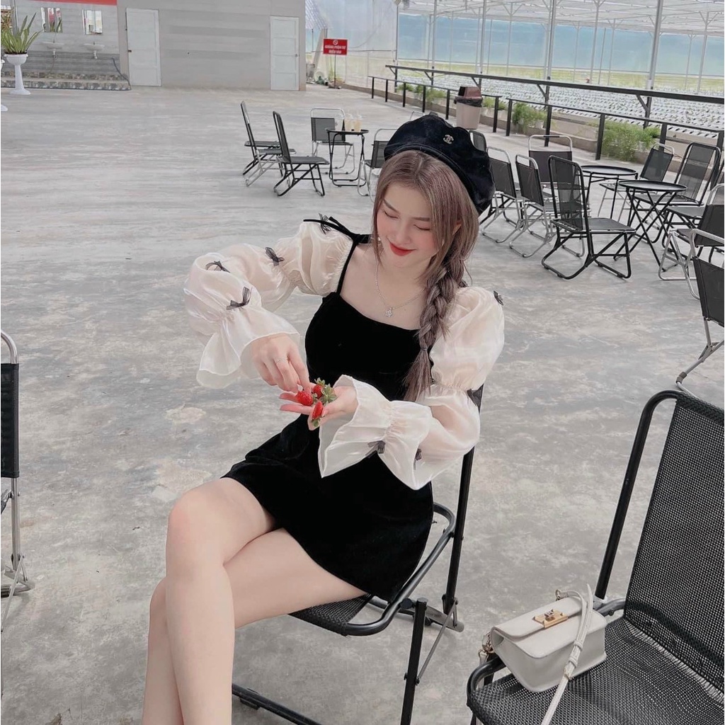 [11.11 Sale Freeship] Đầm nhung tay dài bồng dáng xuông nhẹ nhàng phối tay voan đính nơ dáng chữ A thanh lịch dx