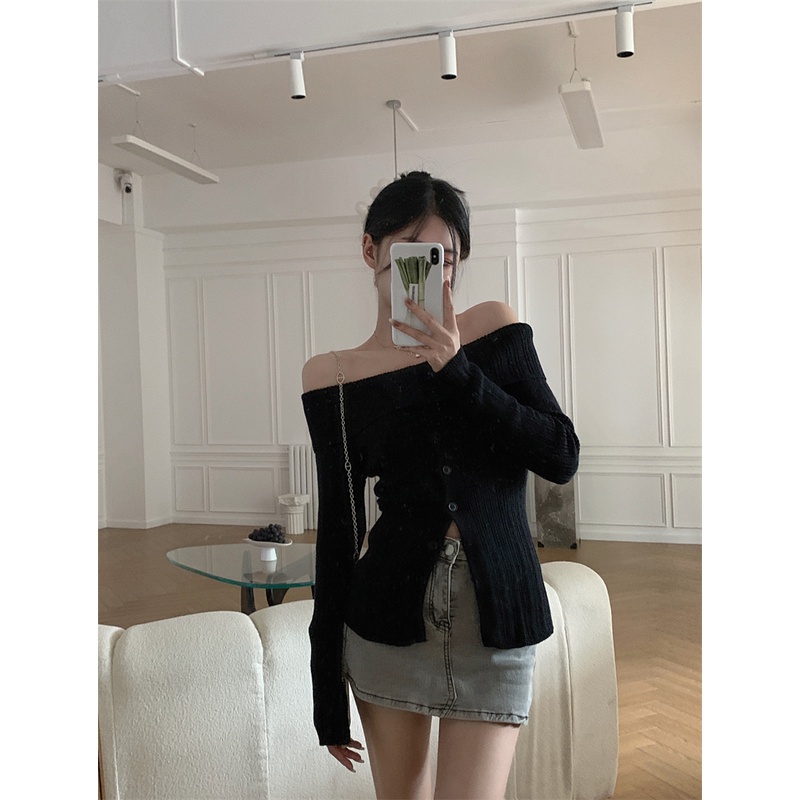 HUANG YOYO Áo Len Nữ Dài Tay Lệch Vai Thời Trang Hàn Quốc | BigBuy360 - bigbuy360.vn