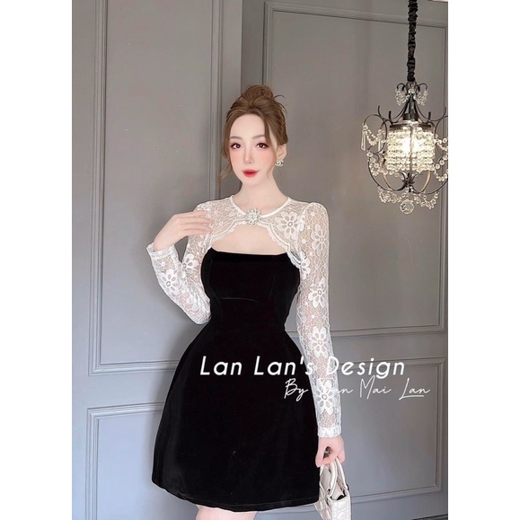 Váy nhung khoét ngực phối tay ren sang chảnh