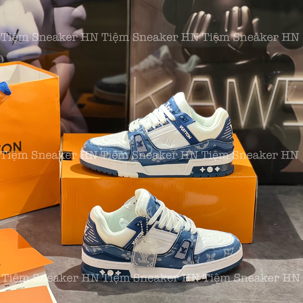 Giày LV Trainer Xanh Navy, Giày Thể Thao LV Navy Bản Cao Cấp Da Bò Freeship Tặng Tất