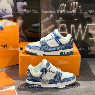 Giày lv trainer xanh navy, giày thể thao lv navy bản cao cấp da bò freeship tặng tất