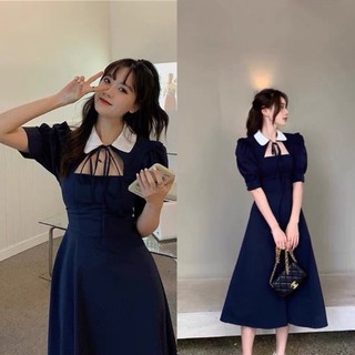 Đầm nữ dự tiệc cổ sen khoét phối cột nơ phong cách Hàn Quốc trẻ trung thời trang màu xanh than đen