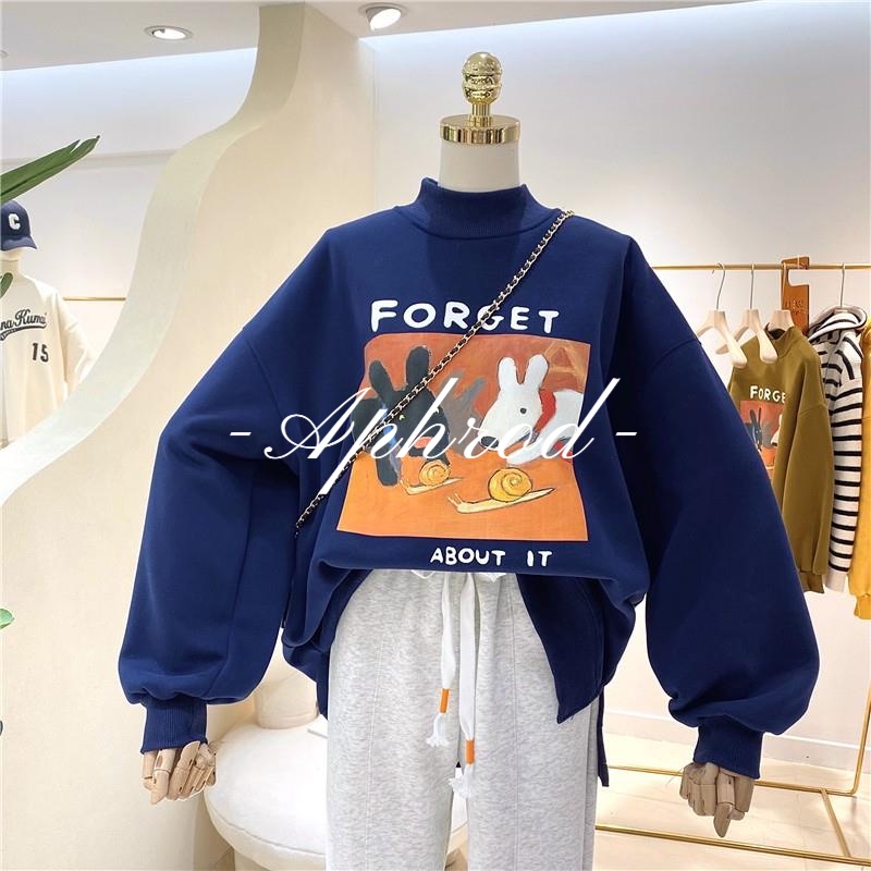 Aphrod Áo hoodie Cổ Cao Vải cashmere Dày Dặn Ấm Áp Họa Tiết Hoạt Hình Phong Cách Mỹ Cho Nữ