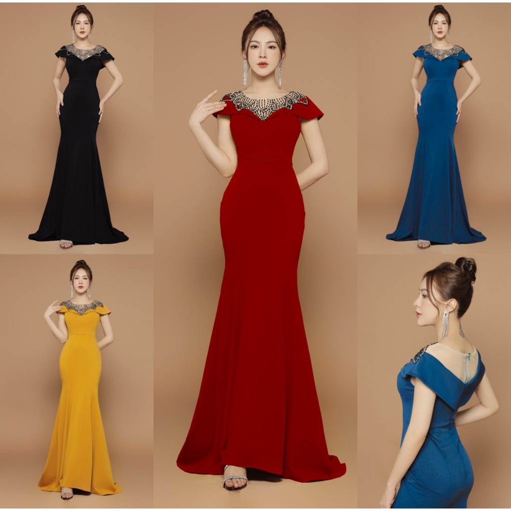 Đầm dạ hội dáng dài hạt cổ sang chảnh - Mua váy dạ hội trung niên