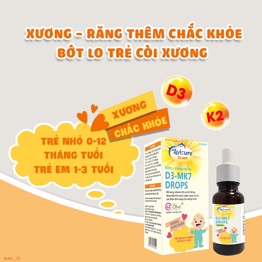 Vitamin d3k2 MK7 cho bé ngủ ngon cao lớn Avisure D3MK7 20ml(dùng 80 ngày) - 10ml(dùng 40 ngày)