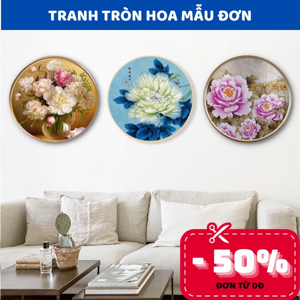 Tranh hoa mẫu đơn tròn tráng gương nhiều mẫu mới đẹp độc lạ giá tại xưởng bảo hành 5 năm đã có khung và đinh treo 4 chân