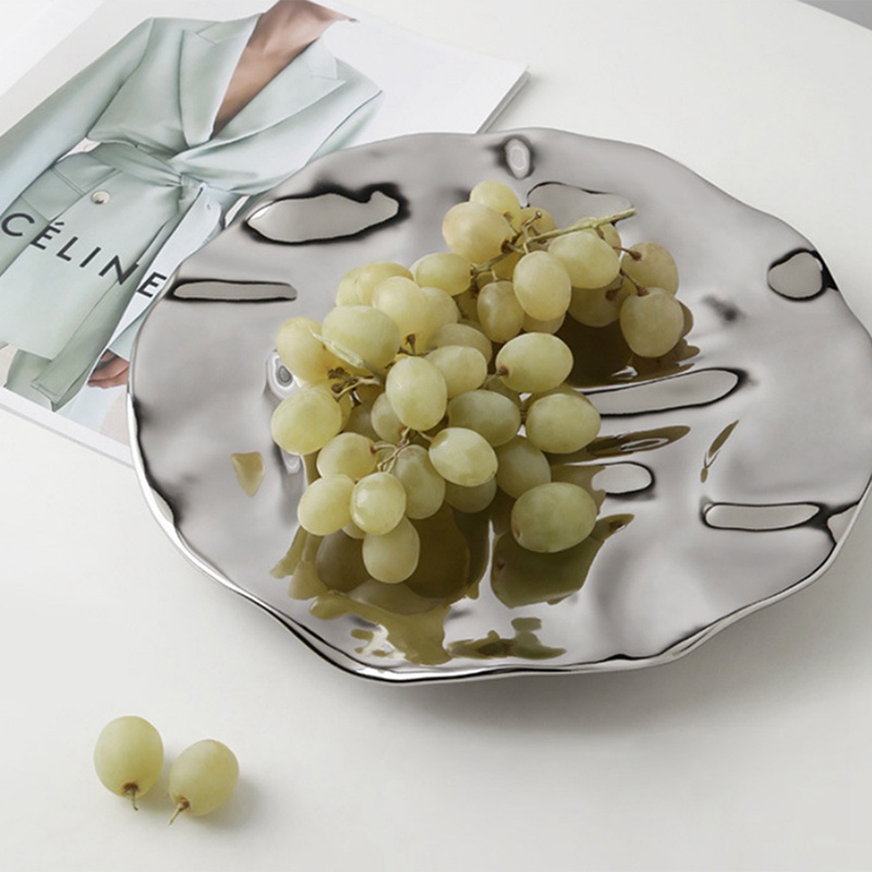 Đĩa Tròn Đựng Nước Hoa / Trái Cây / Đồ Ăn Vặt Mạ Bạc Kiểu Gợn Sóng Độc Đáo