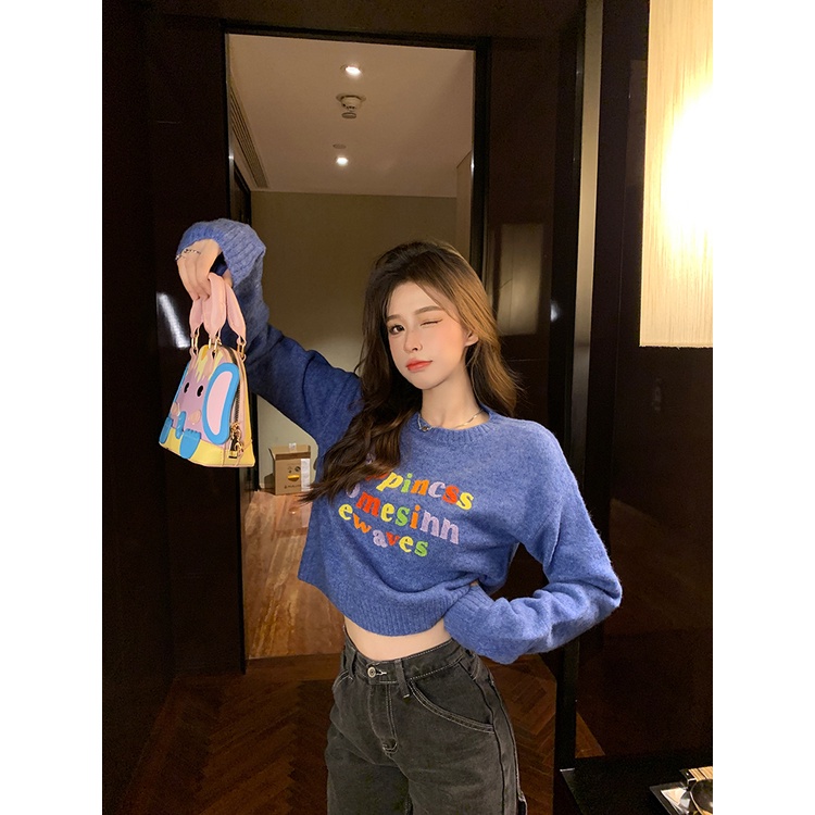 ZHELIHANGFEI Áo Sweater Tay Dài Cổ Tròn Lưng Cao Thêu Họa Tiết Nhiều Màu Sắc Dễ Thương