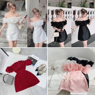 Đầm bẹt vai trễ vai phồng nhún bèo đính hạt trắng đen đỏ hồng